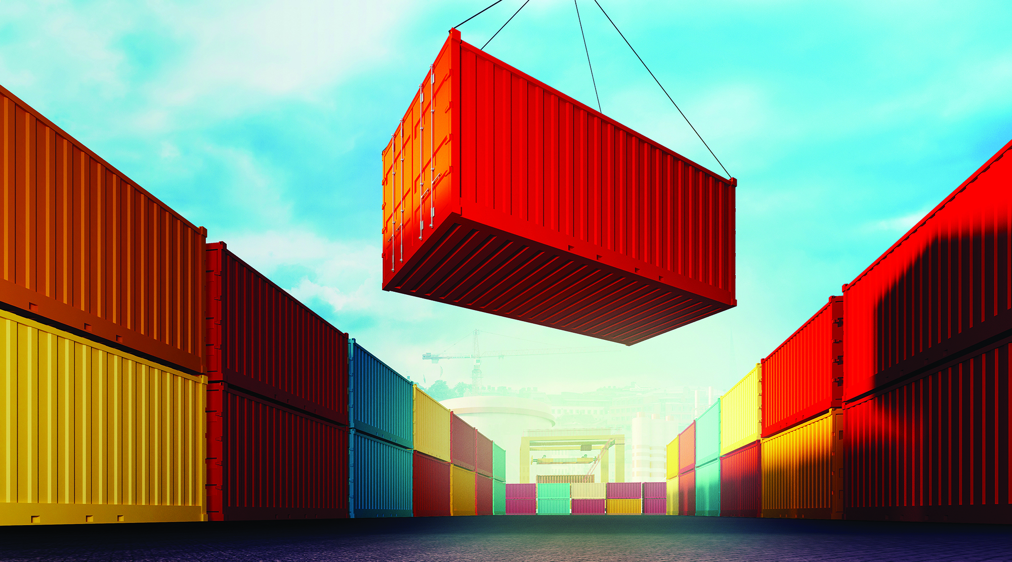 3d rendered illustration of an industrial port with containers. Loading container