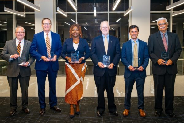 The 2024 Auburn Alumni Engineering Council award winners included Distinguished Auburn Engineers Maury Gaston, ’82 mechanical engineering; Chris
Kramer, ’94 civil engineering; Shirley Boulware, ’91 chemical engineering; Art Slotkin, ’68 aerospace engineering; Outstanding Young Auburn Engineer
Jordan Watkins, ’12 civil engineering; and Superior Service Sushil Bhavnani, professor emeritus.