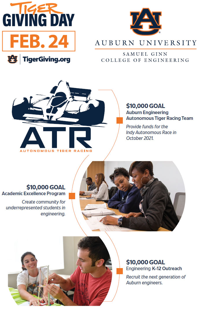 Tiger Giving Day - $10,000 GOAL Auburn Engineering Autonomous Tiger Racing Team Provide funds for the Indy Autonomous Race in October 2021., $10,000 GOAL Academic Excellence Program Create community for underrepresented students in engineering., $10,000 GOAL Engineering K-12 Outreach Recruit the next generation of Auburn engineers.