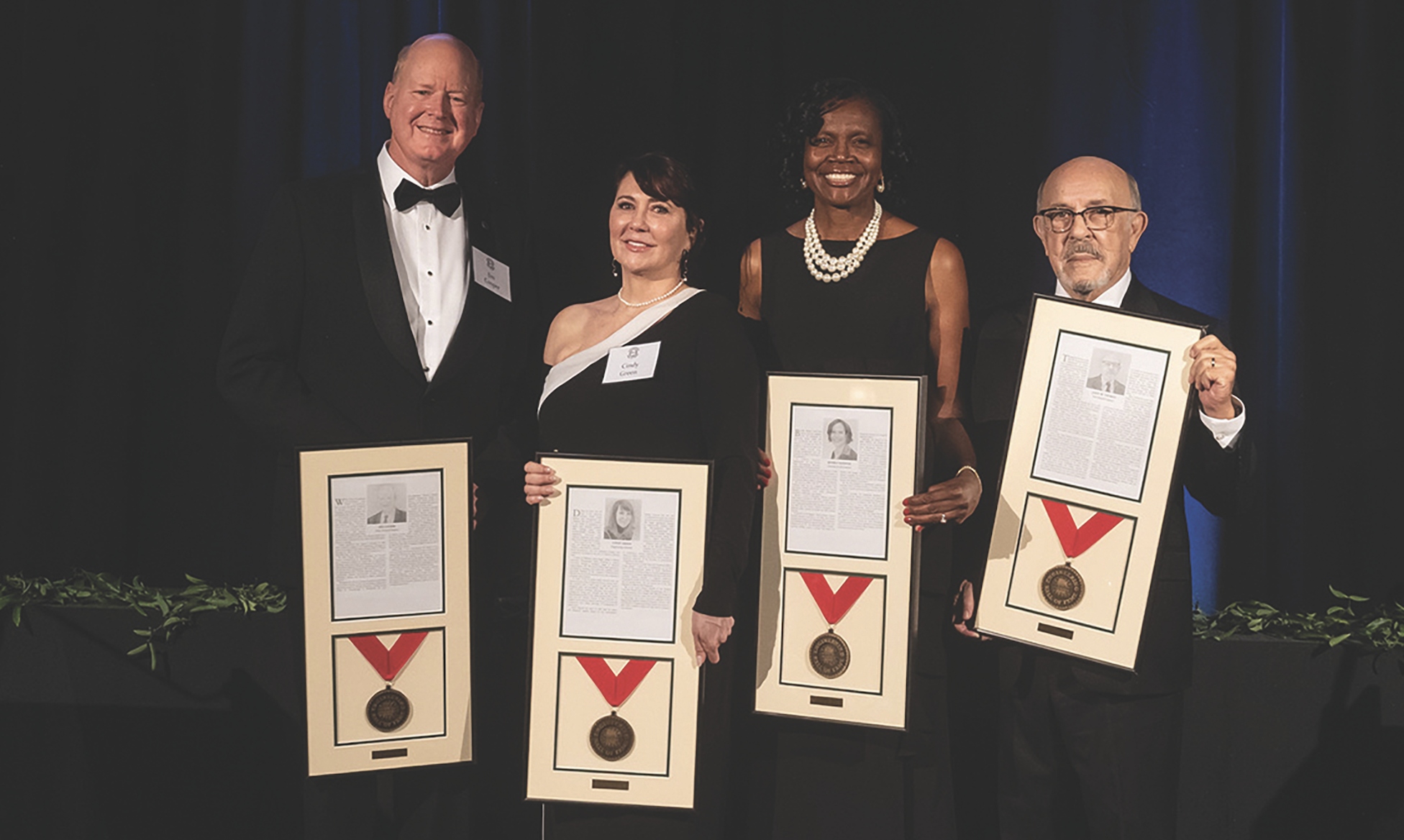 The State of Alabama Engineering Hall of Fame inducted nine individuals to the Class of 2021, including four from Auburn University. From left, the Auburn inductees include Jim Cooper, ’81 civil
engineering and founder of Cooper Construction; Cindy Green, ’79 chemical engineering and retired chief sales and marketing officer for DuPont; Beverly Banister, ’83 chemical engineering and retired
deputy regional administrator for the Environmental Protection Agency’s Region 4; and John Thomas, ’60 mechanical engineering and consultant for Lee & Associates.